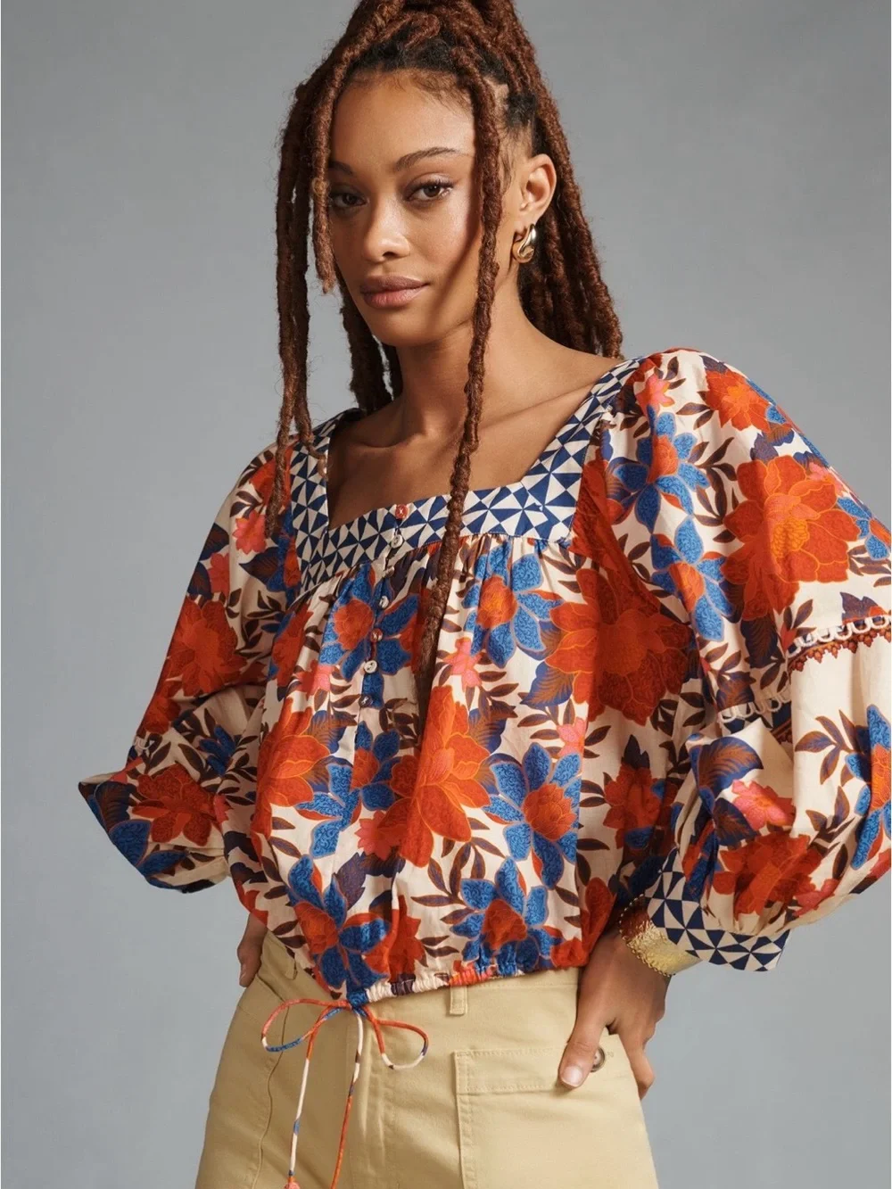 FARM Rio x Anthropologie Printed Square-Neck Puff-Sleeve Blouse